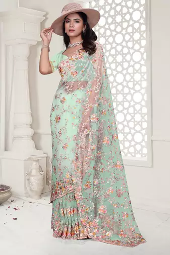 Sea green Elegant sequin embroidered work net saree for women