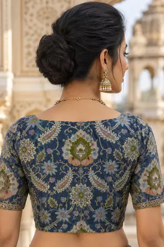 Premium embroidered unstitched viscose blouse fabric with floral & ornamental design