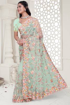 Sea green Elegant sequin embroidered work net saree for women 3