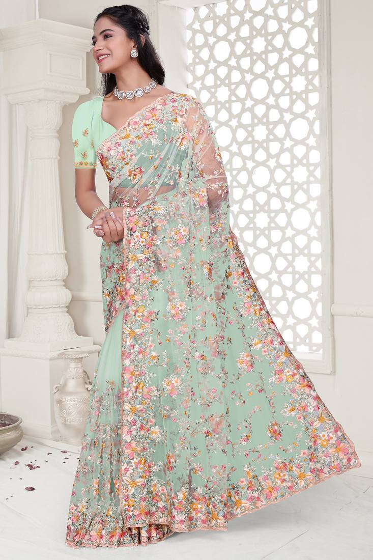 Sea green Elegant sequin embroidered work net saree for women