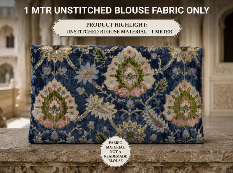 Premium embroidered unstitched viscose blouse fabric with floral & ornamental design