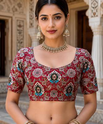 Premium embroidered unstitched viscose blouse fabric with floral & ornamental design 1
