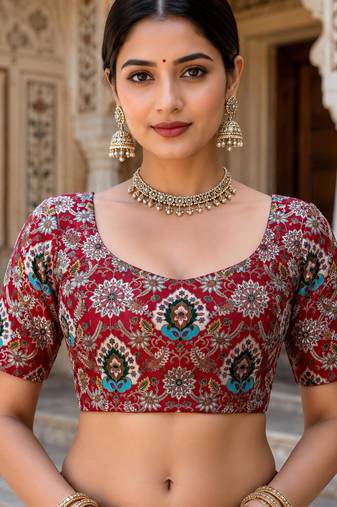 Premium embroidered unstitched viscose blouse fabric with floral & ornamental design