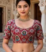Premium embroidered unstitched viscose blouse fabric with floral & ornamental design