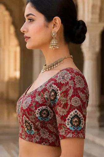 Premium embroidered unstitched viscose blouse fabric with floral & ornamental design