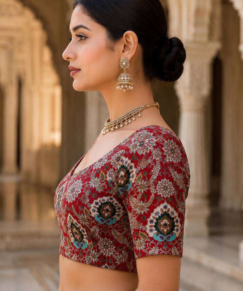 Premium embroidered unstitched viscose blouse fabric with floral & ornamental design