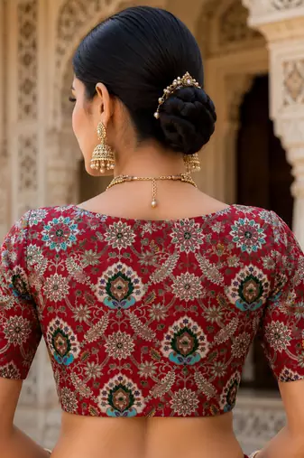 Premium embroidered unstitched viscose blouse fabric with floral & ornamental design
