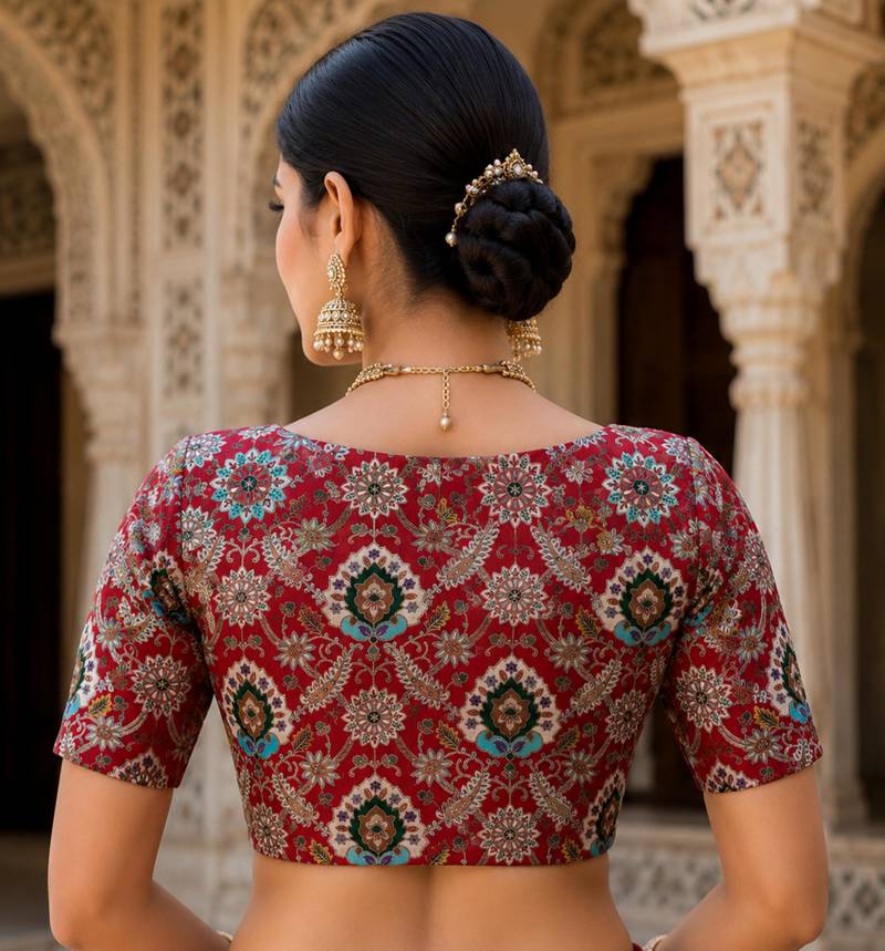 Premium embroidered unstitched viscose blouse fabric with floral & ornamental design