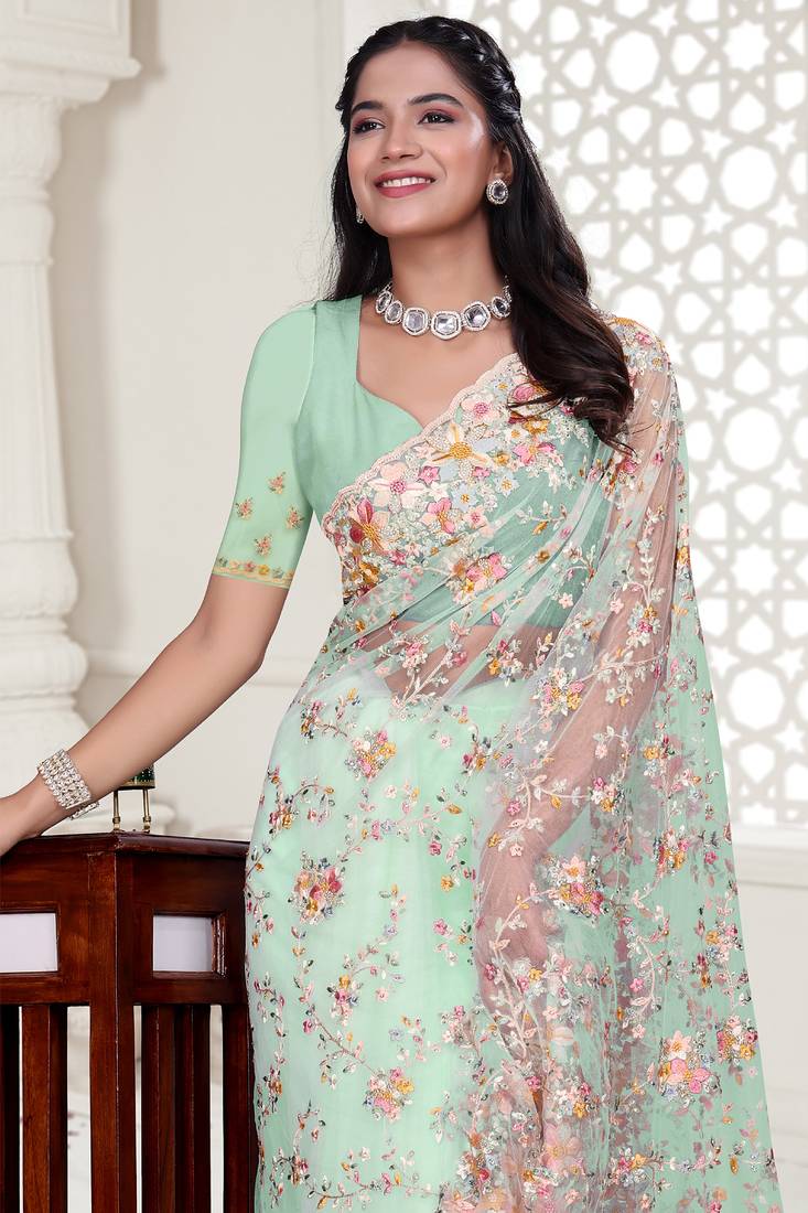 Sea green Elegant sequin embroidered work net saree for women