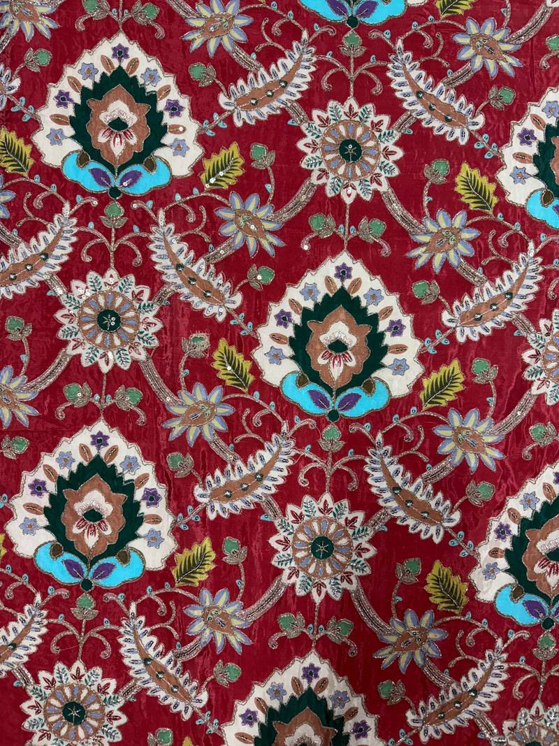 Premium embroidered unstitched viscose blouse fabric with floral & ornamental design