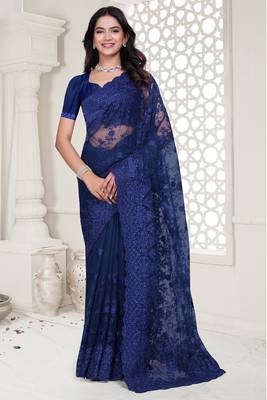 Navy blue Elegant sequin embroidered work net saree for women 1