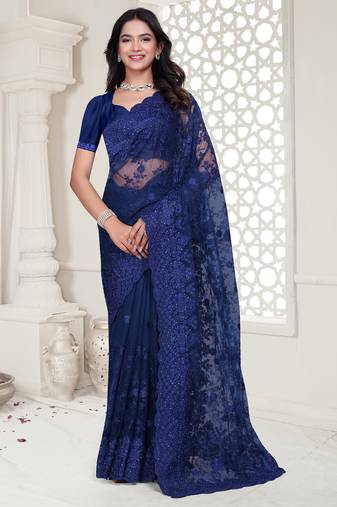 Navy blue Elegant sequin embroidered work net saree for women