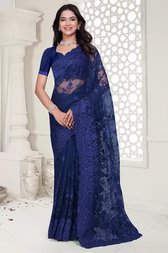 Navy blue Elegant sequin embroidered work net saree for women