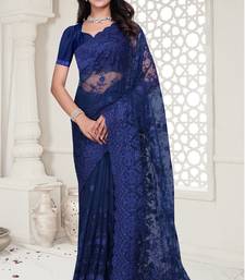 Navy blue Elegant sequin embroidered work net saree for women