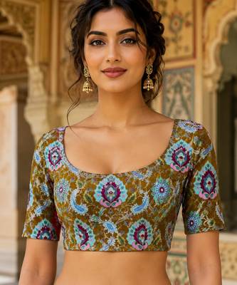 Premium embroidered unstitched viscose blouse fabric with floral & ornamental design 1