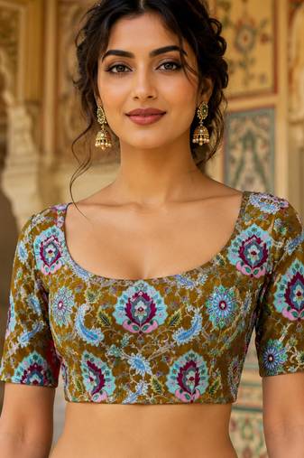 Premium embroidered unstitched viscose blouse fabric with floral & ornamental design