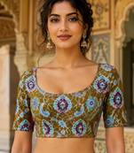 Premium embroidered unstitched viscose blouse fabric with floral & ornamental design