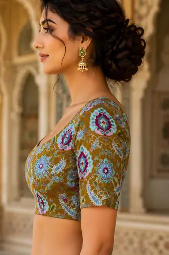 Premium embroidered unstitched viscose blouse fabric with floral & ornamental design