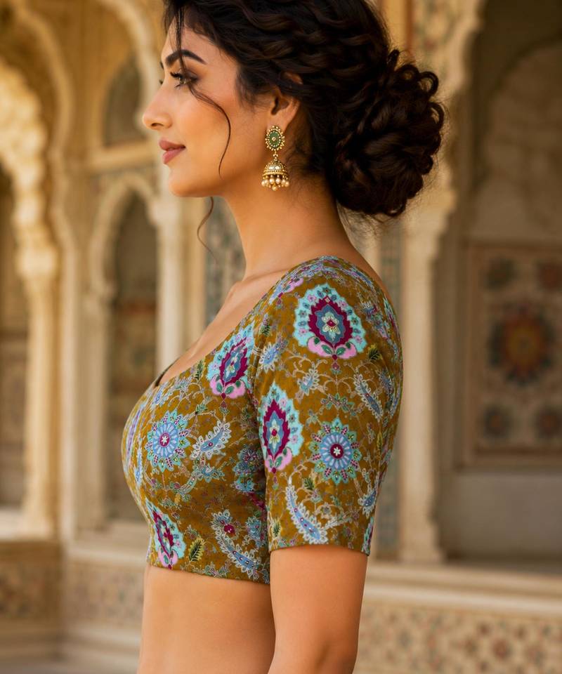 Premium embroidered unstitched viscose blouse fabric with floral & ornamental design