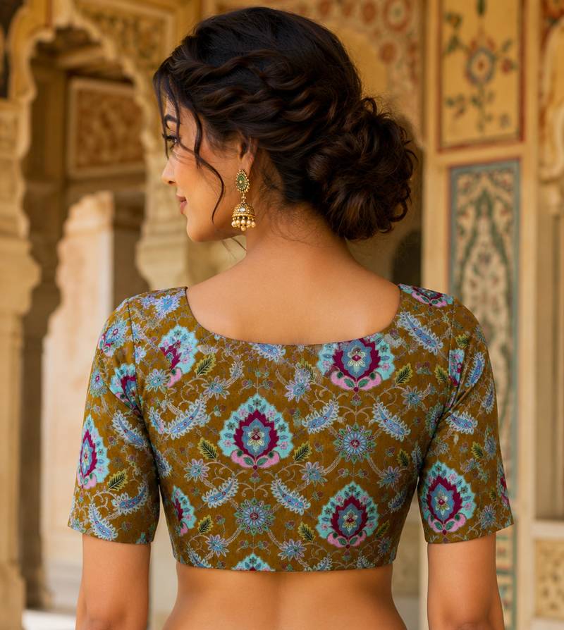 Premium embroidered unstitched viscose blouse fabric with floral & ornamental design