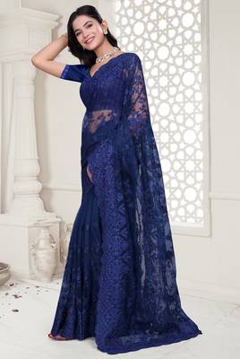Navy blue Elegant sequin embroidered work net saree for women 3