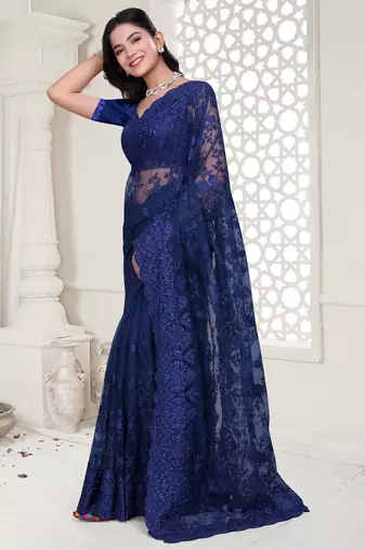 Navy blue Elegant sequin embroidered work net saree for women