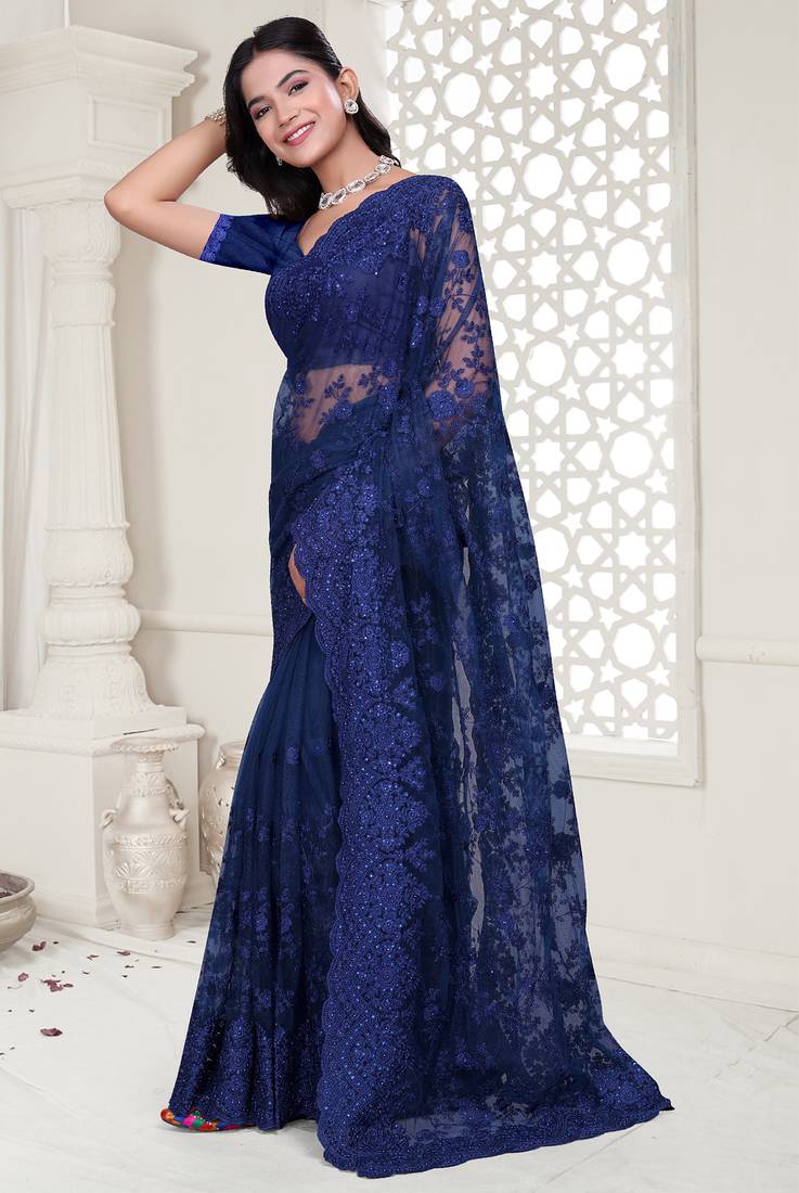 Navy blue Elegant sequin embroidered work net saree for women