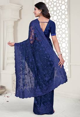 Navy blue Elegant sequin embroidered work net saree for women 4