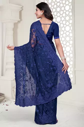 Navy blue Elegant sequin embroidered work net saree for women