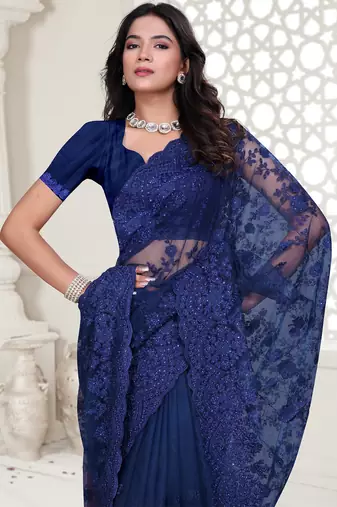 Navy blue Elegant sequin embroidered work net saree for women