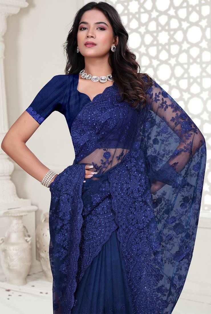 Navy blue Elegant sequin embroidered work net saree for women