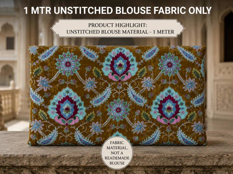 Premium embroidered unstitched viscose blouse fabric with floral & ornamental design