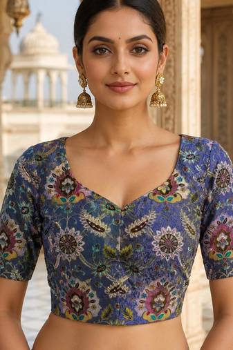 Premium embroidered unstitched viscose blouse fabric with floral & ornamental design