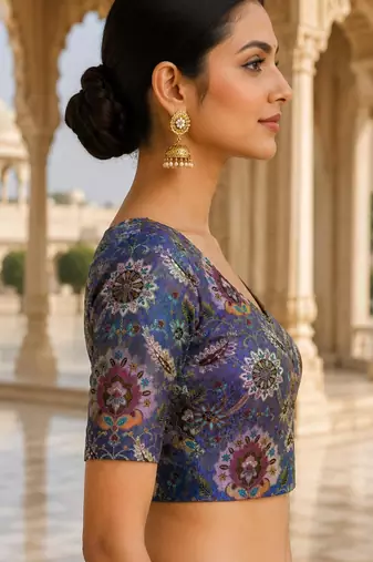 Premium embroidered unstitched viscose blouse fabric with floral & ornamental design