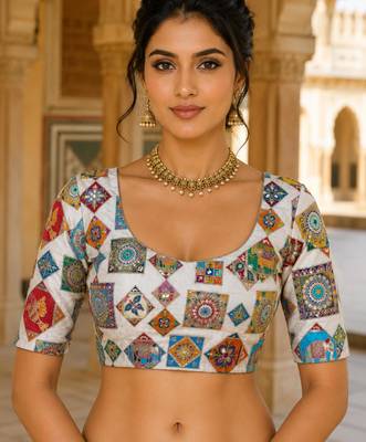 Women's viscose unstitched blouse fabric | ethnic printed pattern with embroidery & sequin work 1