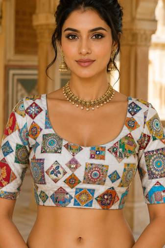Women's viscose unstitched blouse fabric | ethnic printed pattern with embroidery & sequin work