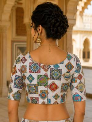 Women's viscose unstitched blouse fabric | ethnic printed pattern with embroidery & sequin work 2
