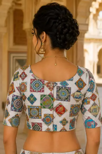 Women's viscose unstitched blouse fabric | ethnic printed pattern with embroidery & sequin work