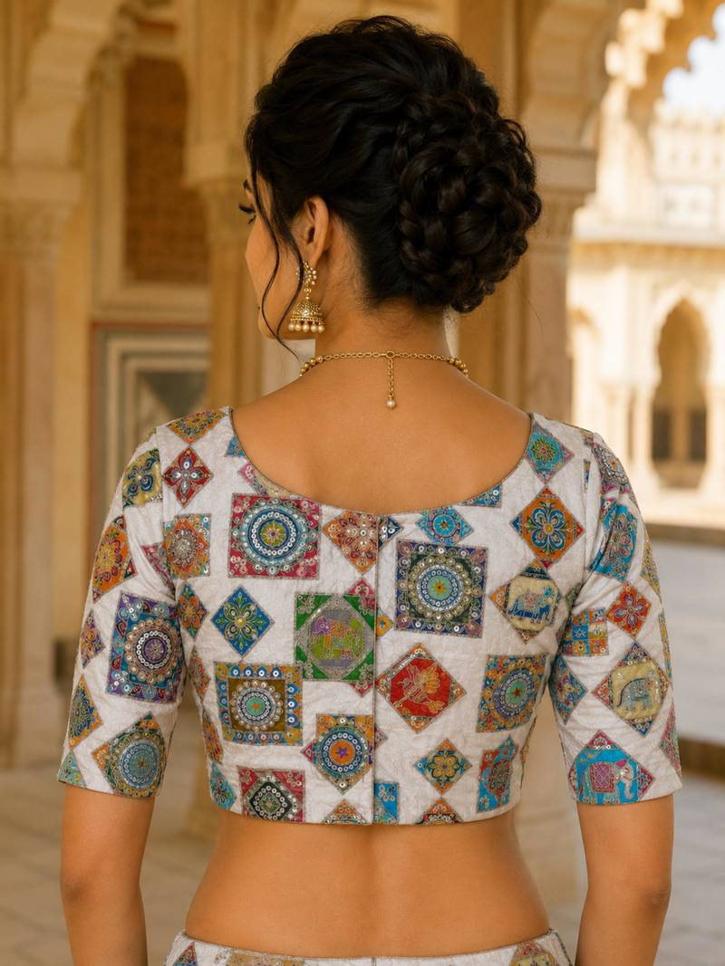 Women's viscose unstitched blouse fabric | ethnic printed pattern with embroidery & sequin work