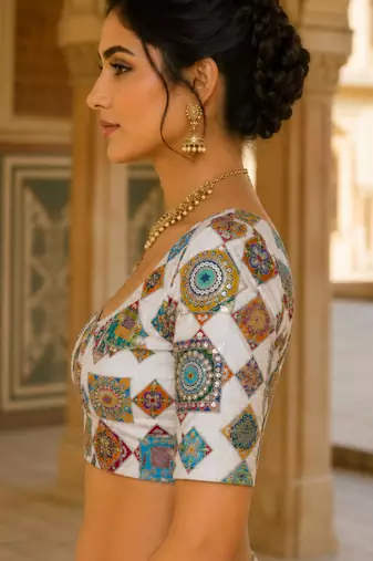 Women's viscose unstitched blouse fabric | ethnic printed pattern with embroidery & sequin work