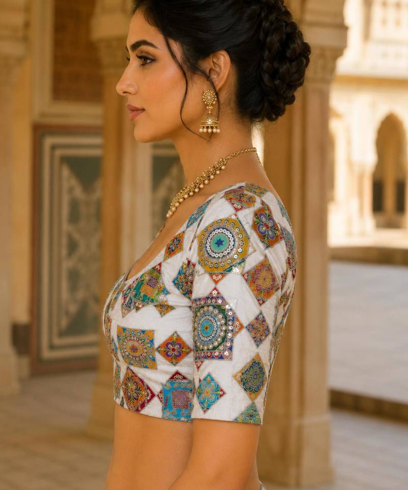 Women's viscose unstitched blouse fabric | ethnic printed pattern with embroidery & sequin work