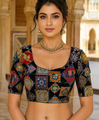 Women's viscose unstitched blouse fabric | ethnic printed pattern with embroidery & sequin work 1