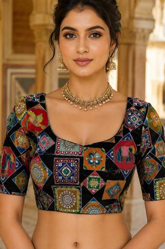 Women's viscose unstitched blouse fabric | ethnic printed pattern with embroidery & sequin work