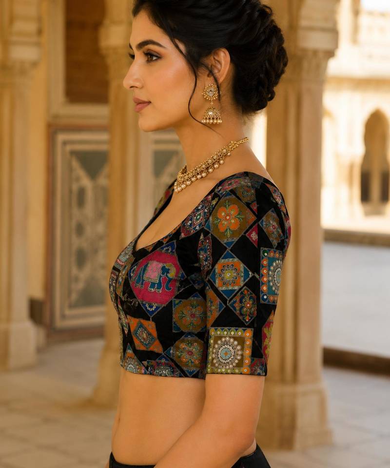 Women's viscose unstitched blouse fabric | ethnic printed pattern with embroidery & sequin work