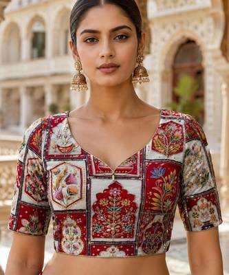 Embroidered sequence work viscose unstitched blouse fabric for women 1