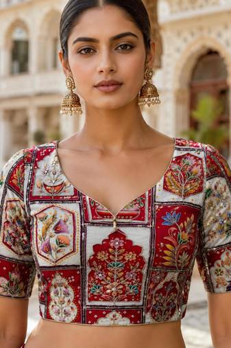 Embroidered sequence work viscose unstitched blouse fabric for women