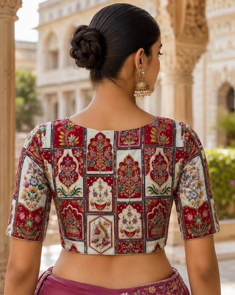 Embroidered sequence work viscose unstitched blouse fabric for women