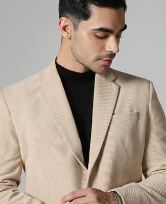 Men beige corduroy notched lapel blazer 5