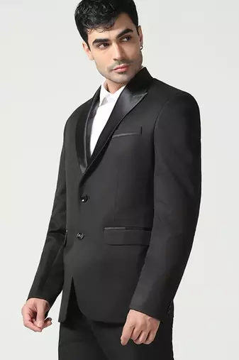 Mens black peaked lapel tuxedo blazer