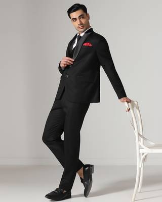 Mens black tuxedo suit with pocket square 1
